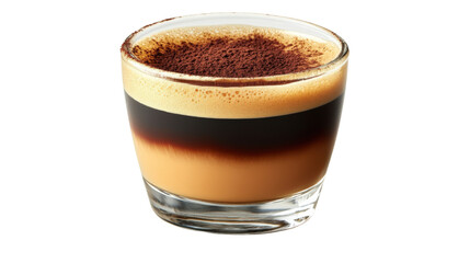 Delicious layered coffee dessert in a glass with cocoa topping, white isolate background.