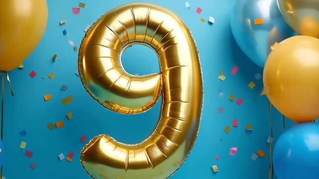 A blue and gold 9th birthday anniversary celebration with balloons and confetti	
