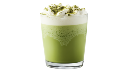 Frothy green matcha drink in a glass, topped with whipped cream.