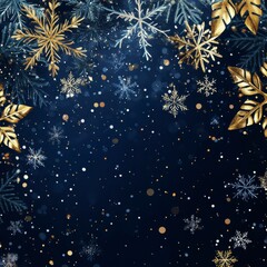 Navy Christmas background with snowflakes and gold sequins