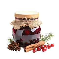 Glass jar of homemade jam with red berries and cinnamon on white isolated background.