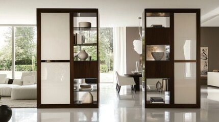 Fototapeta premium Modern room divider with glass and wood shelving, separating living and dining areas.