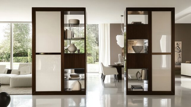 Modern room divider with glass and wood shelving, separating living and dining areas.