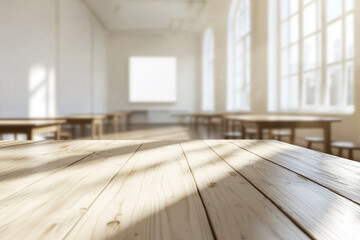 blurred background of minimalist workspace with wooden tables and large windows, creating bright and airy atmosphere. Ideal for creative projects and inspiration