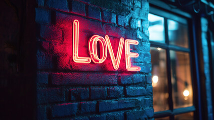 Love in neon glow, sign illuminates with light, romantic bright message glowing, text becomes wallpaper for valentine's day, decoration sets mood.