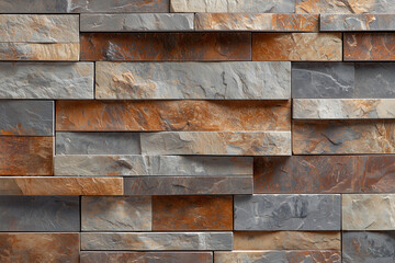 Textured stone wall with mix of gray and orange hues, showcasing modern design. weathered appearance adds depth and character to surface, perfect for interior or exterior use
