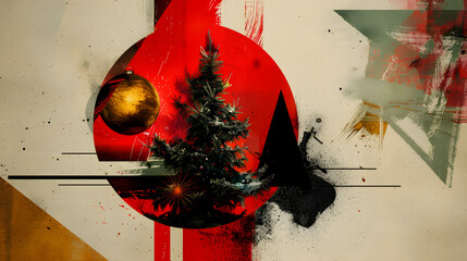 Abstract Christmas Tree with Red and Gold Accents..