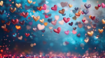 Colorful Glitter Hearts Floating in Dreamy Sky Background