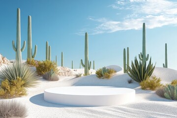 White podium on the beach with cactuses