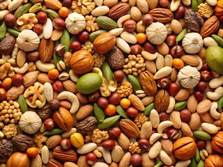 An exquisite collection of nuts and seeds displayed on a surface, highlighting their rich textures and colors. Each variety offers unique characteristics, celebrating nature\'s diversity