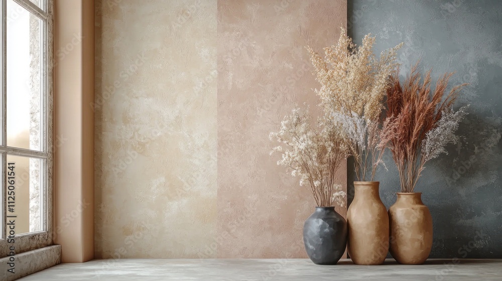 Poster soft tones of mocha and pastel create a serene atmosphere in this minimalist room. stylish vases hol