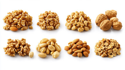 Fototapeta premium Nuts collection featuring various types of nuts including walnuts, almonds, and peanuts, arranged in piles on white background, showcasing their natural textures and colors