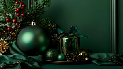 Green Christmas Decorations with Pinecones and Gold Accents..