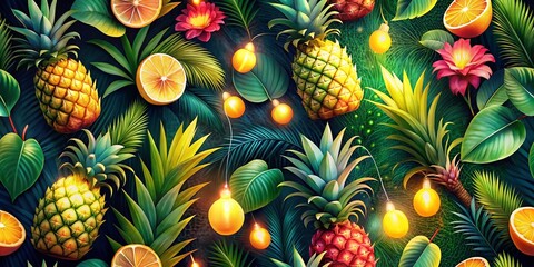 Fototapeta premium Colorful Tropical Pineapple Pattern Design with Slices, Leaves, and Floral Elements for Summer Vibes and Backgrounds