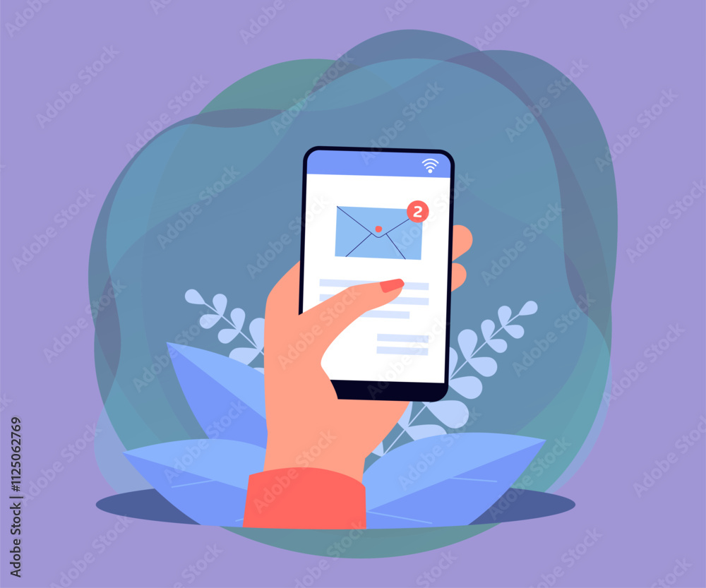 Wall mural hand holding cellphone with email symbol on screen. finger tapping envelope or message flat vector i
