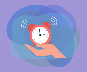 Hand holding alarm clock. Ringing clock flat vector illustration. Deadline, time management, morning, daily routine concept for banner, website design or landing web page