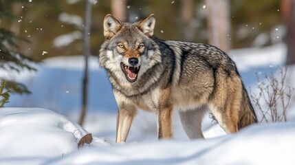 Naklejka premium A Majestic Wolf Howling Amidst Gently Falling Snowflakes Under the Full Moon, Creating a Serene and Mystical Winter Scene in a Forest Clearing