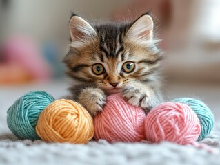 Cute kitten playing with colorful yarn balls on cozy knitted background