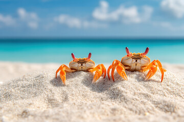 Image of Burrowing Behavior. Two vibrant crabs on sandy beach, with a clear turquoise ocean and blue sky in the background, capturing a lively coastal scene. printed on Printed Glass Splashbacks