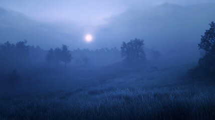 Naklejka premium Foggy fields at twilight with a cool blue hue in the sky.