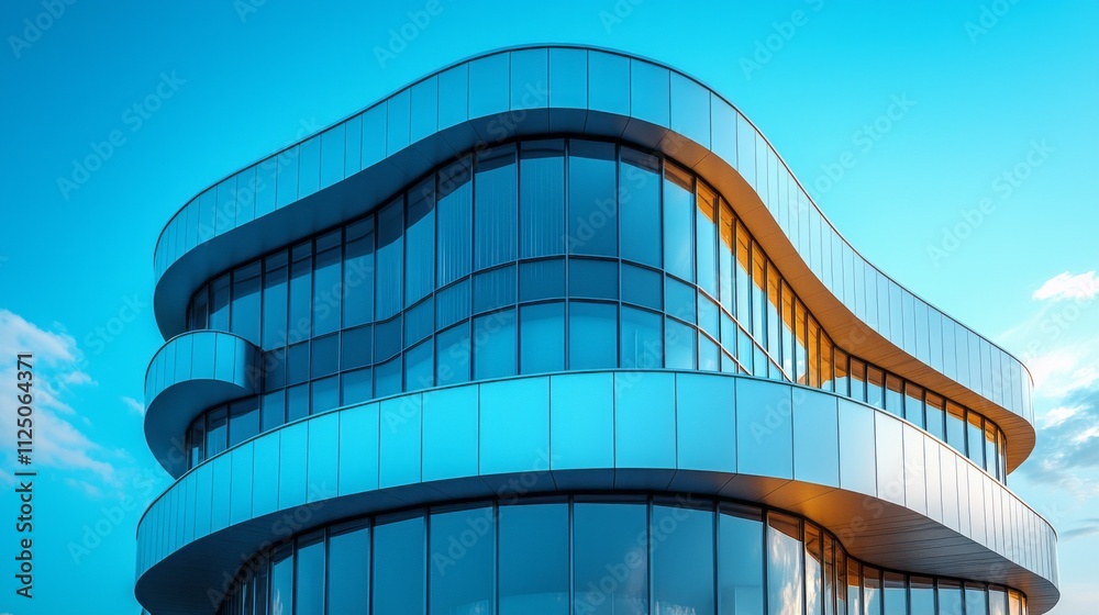 Poster Sleek curves and reflective surfaces define this innovative building, harmonizing with the clear blue sky and creating a stunning visual impact