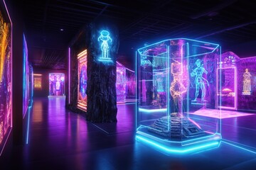 Obraz premium Futuristic museum exhibit showcasing ancient artifacts with neon lighting and glass displays.