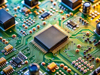 Fototapeta premium Close-up view reveals a detailed circuit board brimming with intricate components. Colors blend harmoniously, illustrating the beauty of technology in its most basic form, where innovation thrives