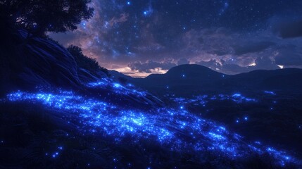 Naklejka premium Magical blue fireflies illuminate a night landscape.