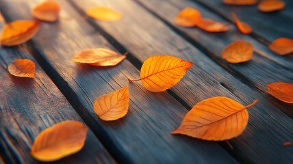 Autumn leaves on wooden planks. Concept of fall, nature, and warmth.