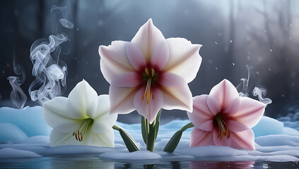 "Beautiful crystal ice Amaryllis flower with smoke and ice crystals. Cool Amaryllis flower with crystal ice vibes, exuding a frosty and mystical aura. Created With Generative AI