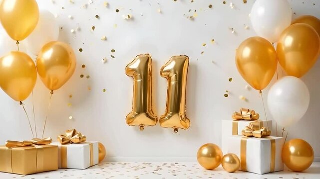 A white and gold 11th birthday anniversary celebration with balloons and confetti	
