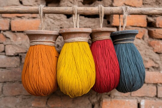 A bundle of yarn being submerged into a pot of dye, with rich colors soaking through the fibers