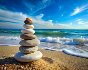 Fototapeta premium A tall pyramid of smooth stones rests on golden sand, near gentle waves lapping against the shore. Bright blue skies and wispy clouds create a calming backdrop, exuding serenity