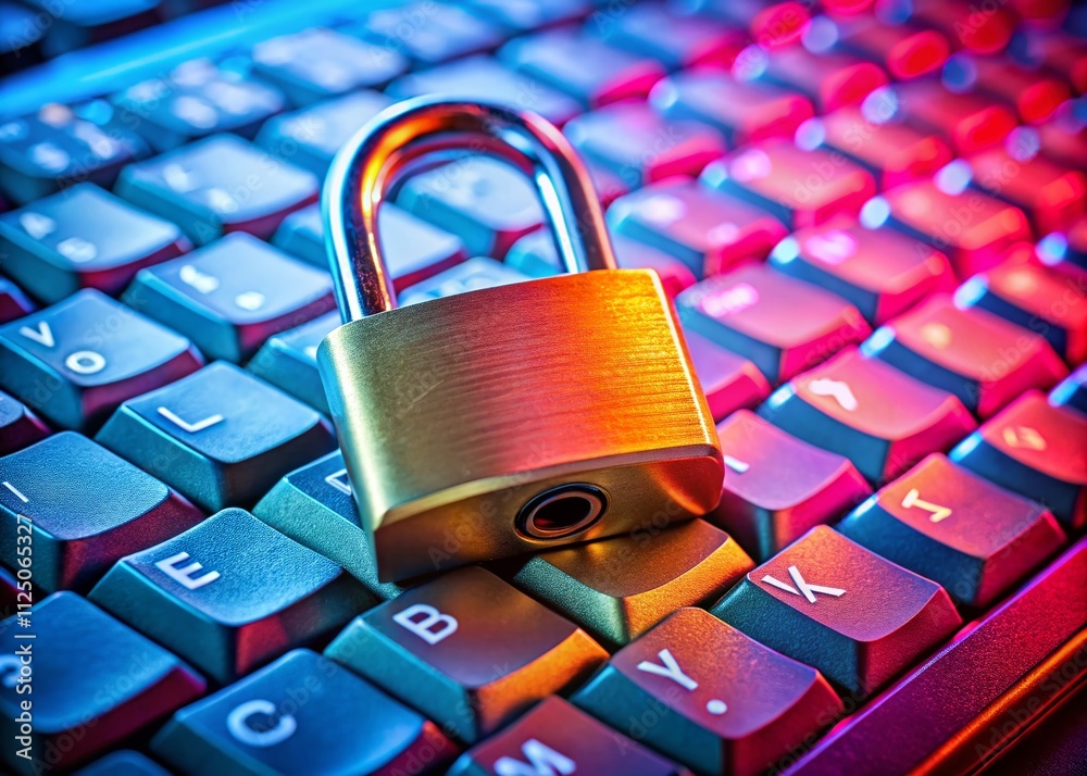 Poster computer security concept featuring a padlock on a keyboard, symbolizing cybersecurity and data prot