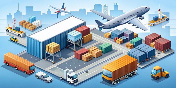Comprehensive Overview of Logistics Delivery Transport Featuring Cargo Ship, Freight Airplane, Drone Deliveries, and Trucking Operations in Isometric Warehouse Settings