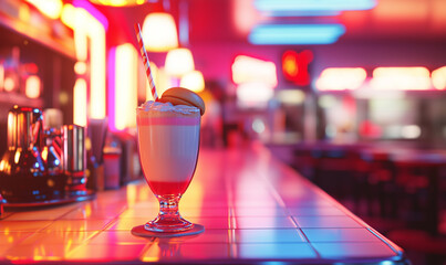 A vibrant milkshake sits on a retro diner counter, illuminated by colorful neon lights, creating a nostalgic and inviting atmosphere.