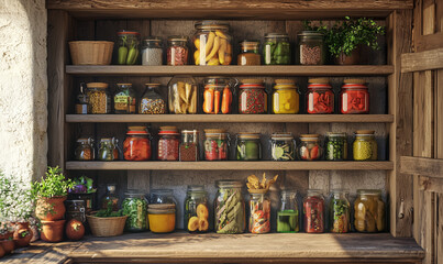 A rustic shelf displays neatly organized jars filled with colorful preserved vegetables, fruits, and herbs, evoking a warm, homey feel.