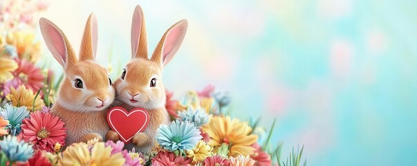 Obraz premium Rabbits with heart-shaped love signs, sitting in a flower-filled meadow, Valentine's day theme, 3D illustration