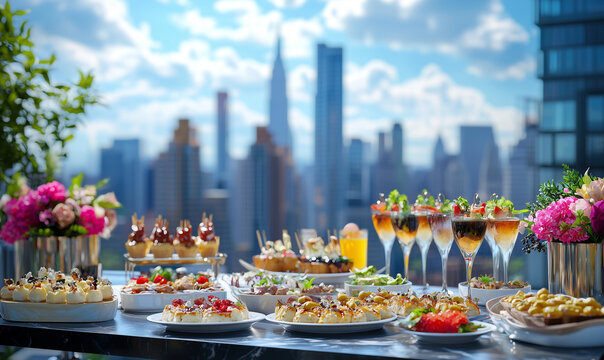A lavish outdoor brunch setting featuring an array of gourmet dishes and cocktails, with a stunning skyline view in the background.
