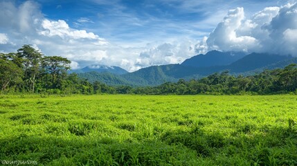 Obraz premium A vast meadow covered in lush greenery with a backdrop of mountains.