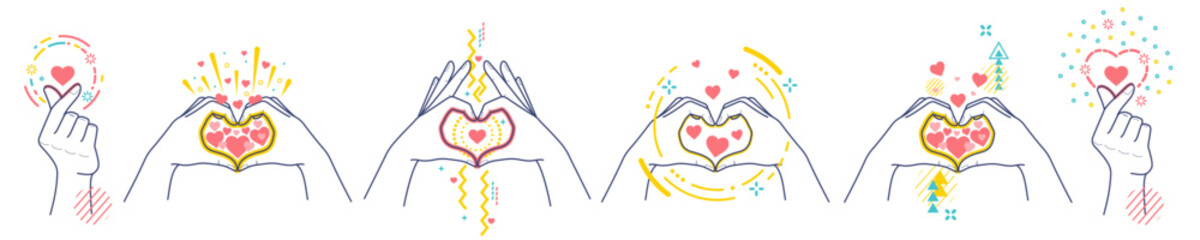 Hands showing gestures "I love you". Concept of love. Flat / line style with colorful small geometric particles and dots. Set elements isolated on white background.