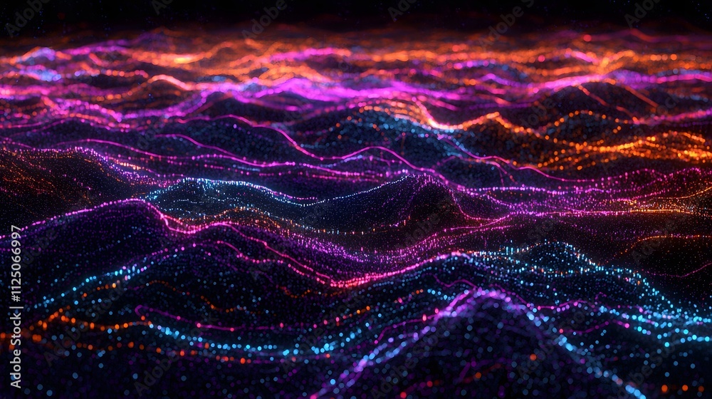 Poster a conceptual layout of glowing arcs forming a seamless digital diagram.