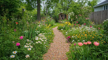 Obraz premium A floral garden path surrounded by roses, tulips, and daisies in full bloom.