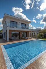 Fototapeta premium Two-story house with a spacious pool and wooden patio under a bright sky, ideal for real estate banners, lifestyle photography, and architectural showcases.