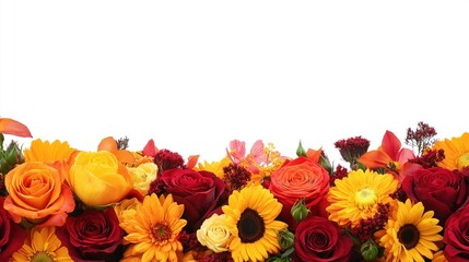 Fototapeta premium A bright floral arrangement with red roses, orange sunflowers, and yellow blossoms, showcasing warmth and vibrancy.