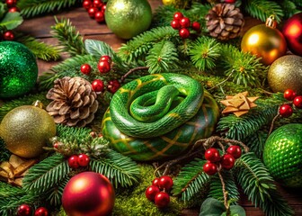 Conceptual Photography of a Festive 2025 Scene Featuring Green Snake Skin Texture as a Unique Christmas Decoration Element for a Bright and Cheerful Holiday Atmosphere
