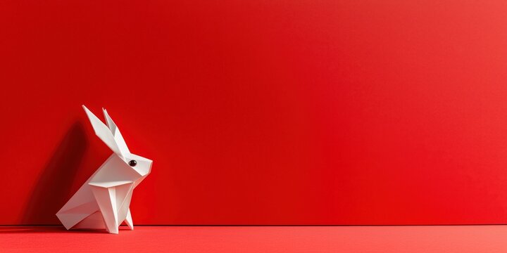 A cartoon origami Chinese Rabbit celebrating Chinese New Year in front of a red background
