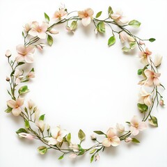 Fototapeta premium A minimalist circular floral frame with soft peach blossoms and green leaves, creating an elegant and natural design.