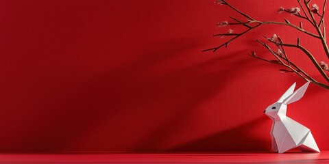 A cartoon origami Chinese Rabbit celebrating Chinese New Year in front of a red background