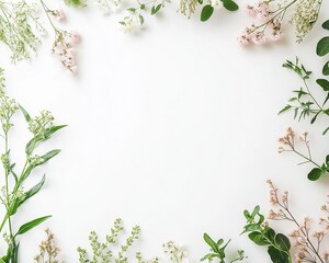 Fototapeta premium A minimalist floral frame with pastel green foliage and delicate blush blossoms, creating a natural and fresh design. 